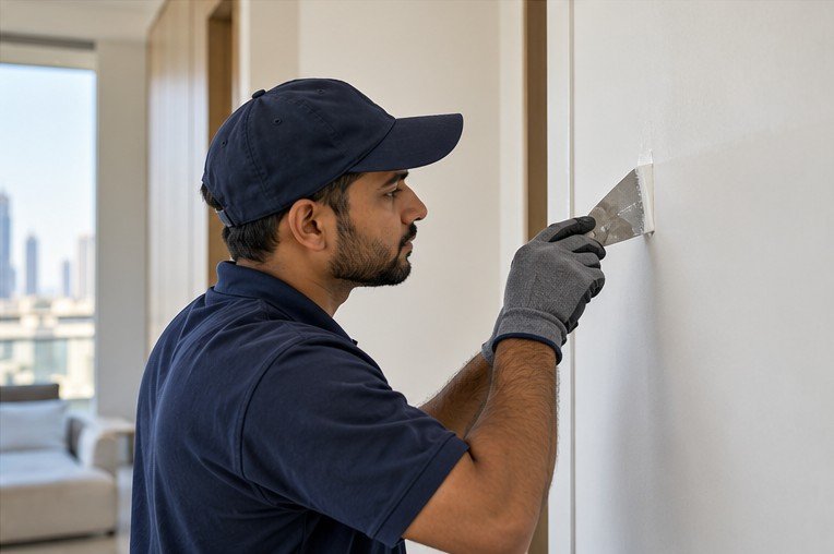 Technician completing an interior wall finish