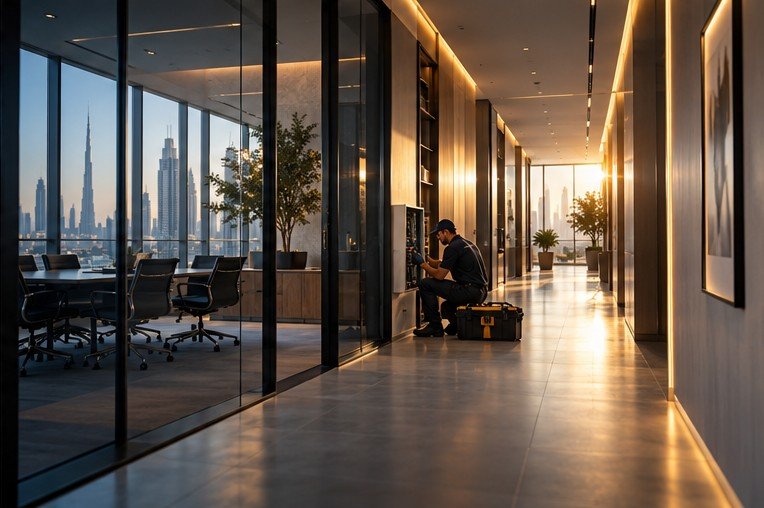 Well-lit contemporary building lobby
